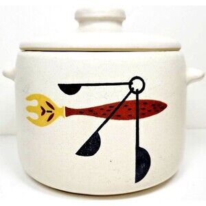 Vtg WEST BEND Pottery CROCK / BEAN POT / COOKIE JAR w/LID Made USA B5 FLAW